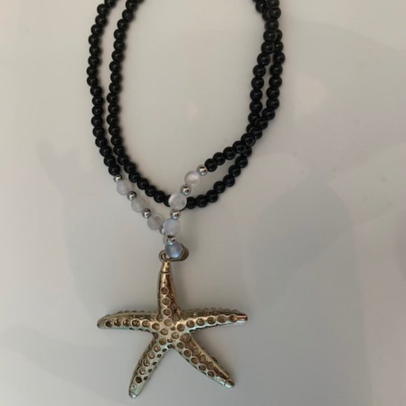 Starfish Crystal Necklace / Black Beads - Picture 2 of 3